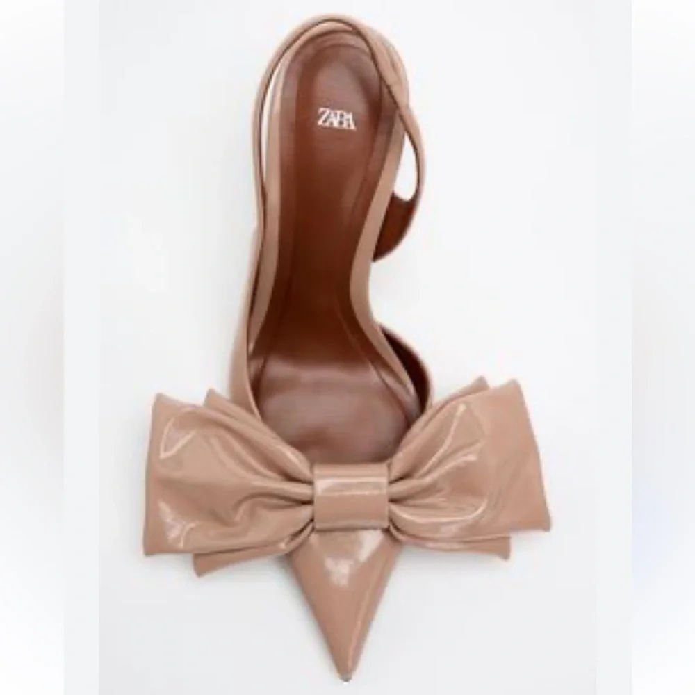 ZARA BEIGE PATENT POINTED-TOE SLINGBACK HEELS W/ LARGE BOWS SHOES EU39 US 8-8.5